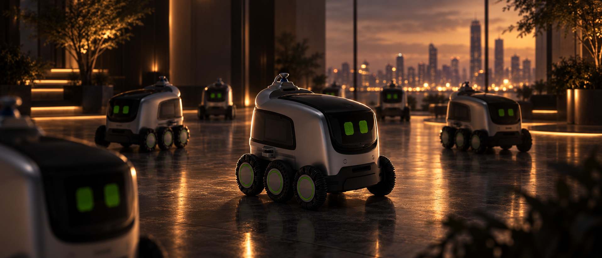 A group of Yours robots on a plaza at dusk, a city skyline behind them