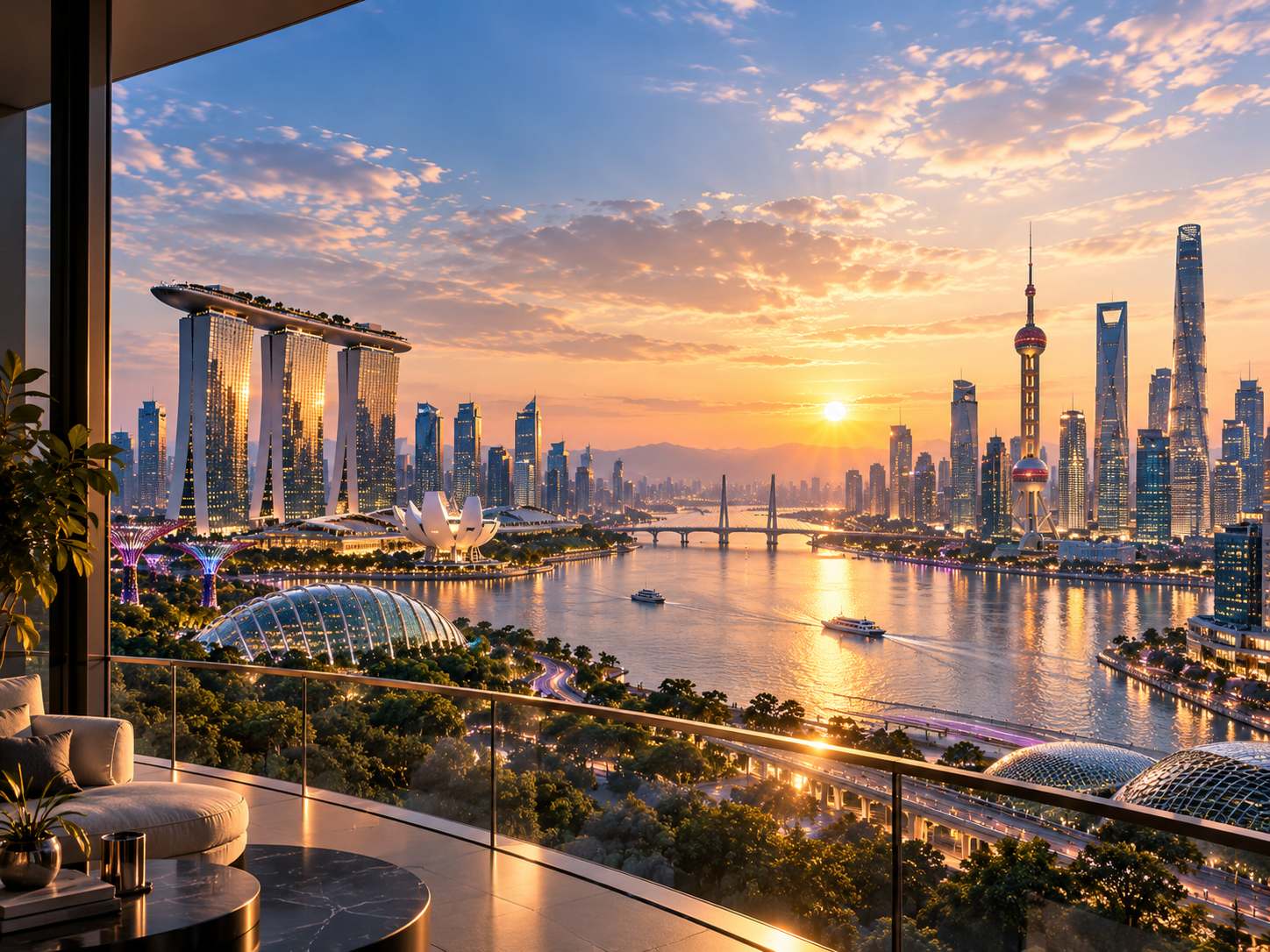 A city waterfront at sunset, seen from high up behind glass
