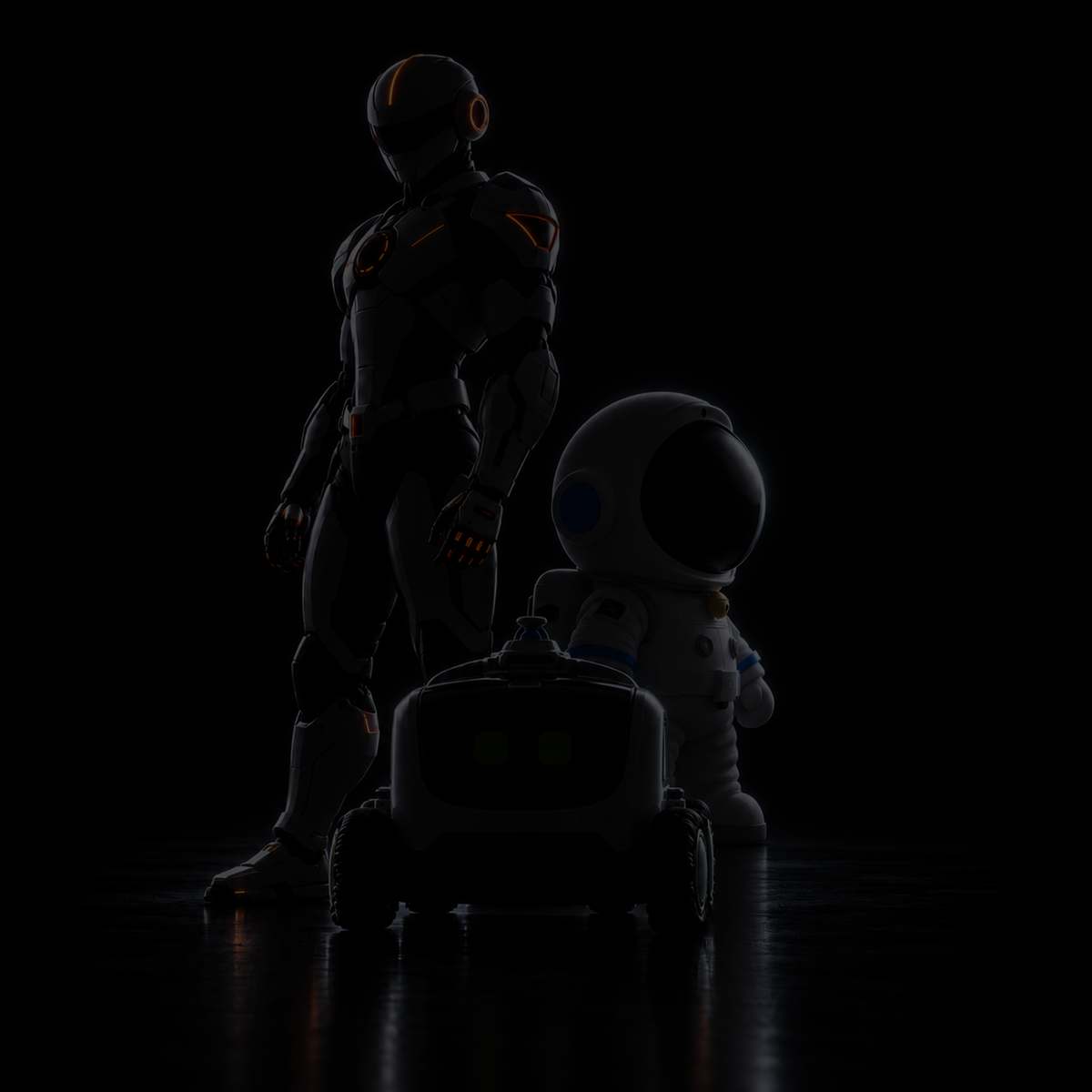 Three Yours machines in silhouette: the robot working today and two humanoid forms