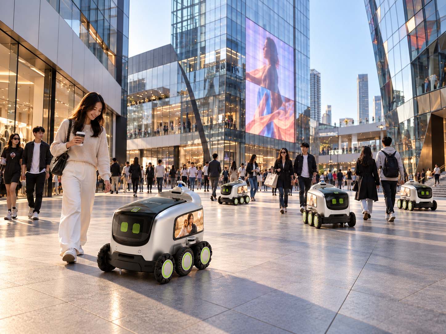A Yours robot crossing a busy retail plaza, with more robots working behind it