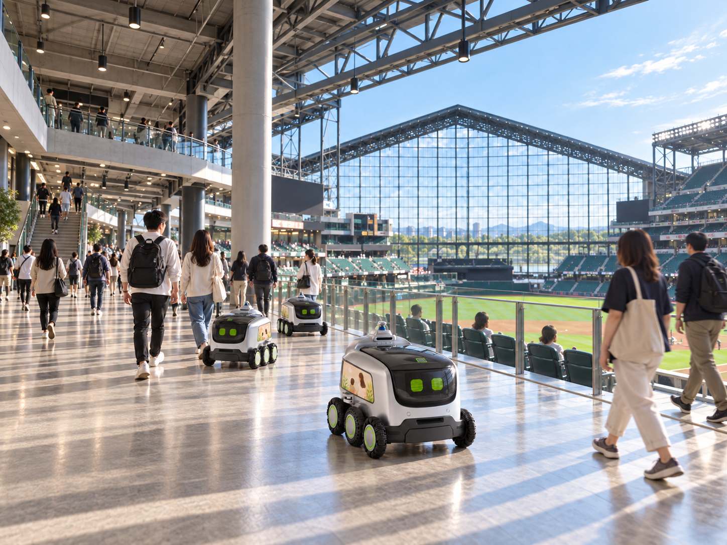 Yours robots moving along a stadium concourse as spectators walk past