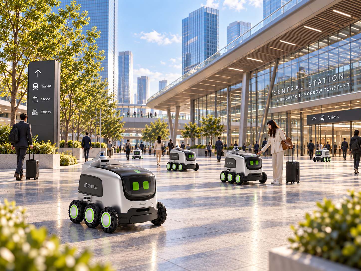 Several Yours robots crossing the forecourt of a transport interchange