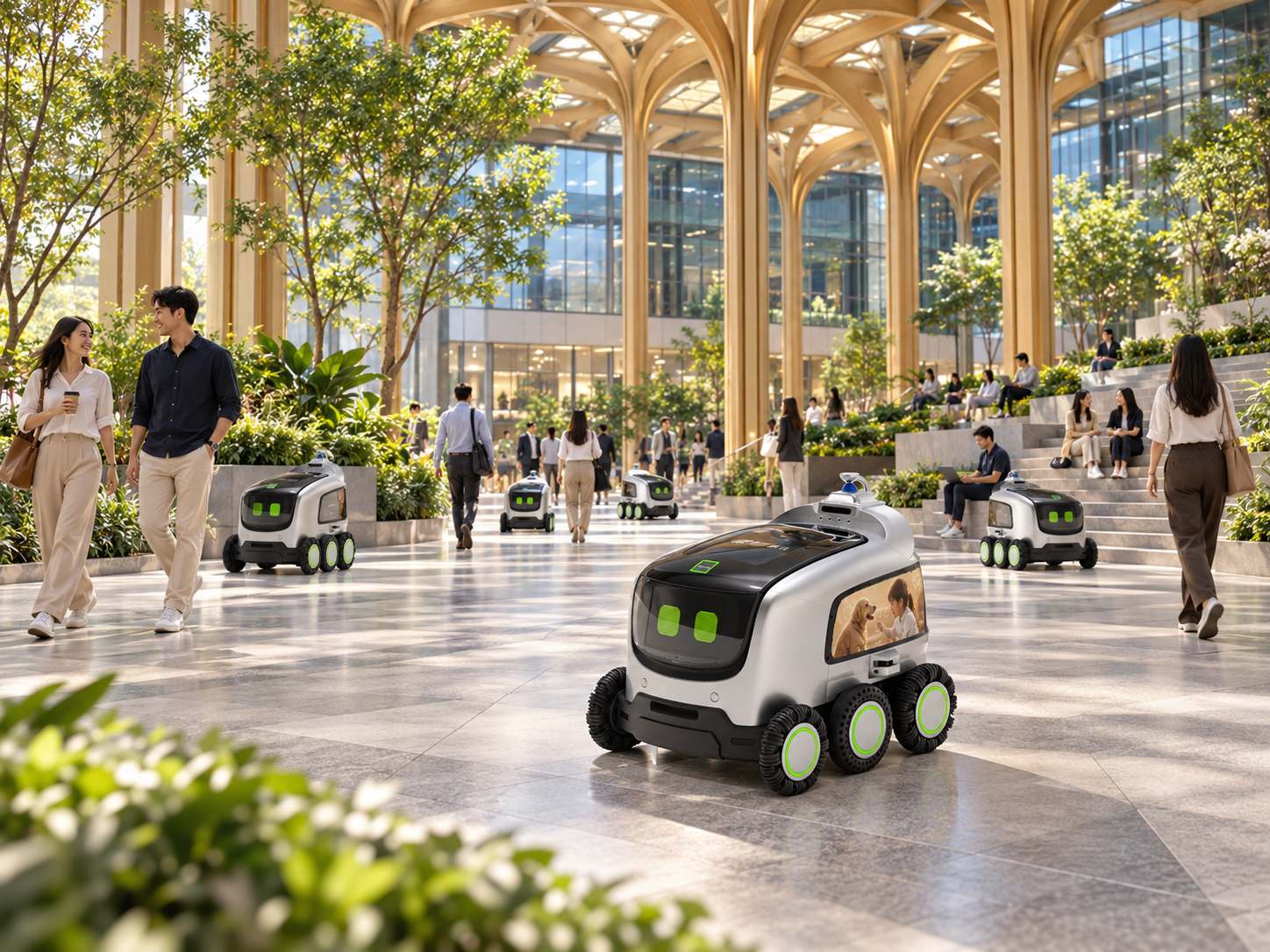 Yours robots at work in a landscaped atrium of timber columns and planting