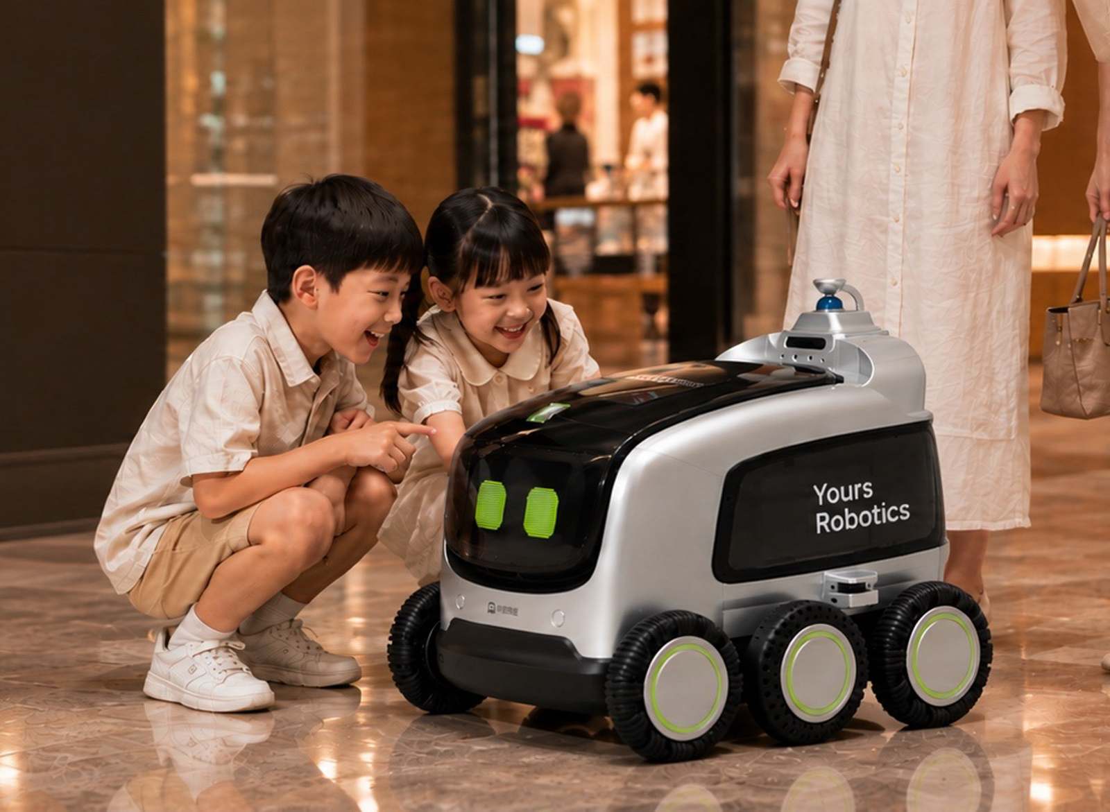 Two children crouching to look at a Yours robot in a shopping centre, a shopper passing behind them