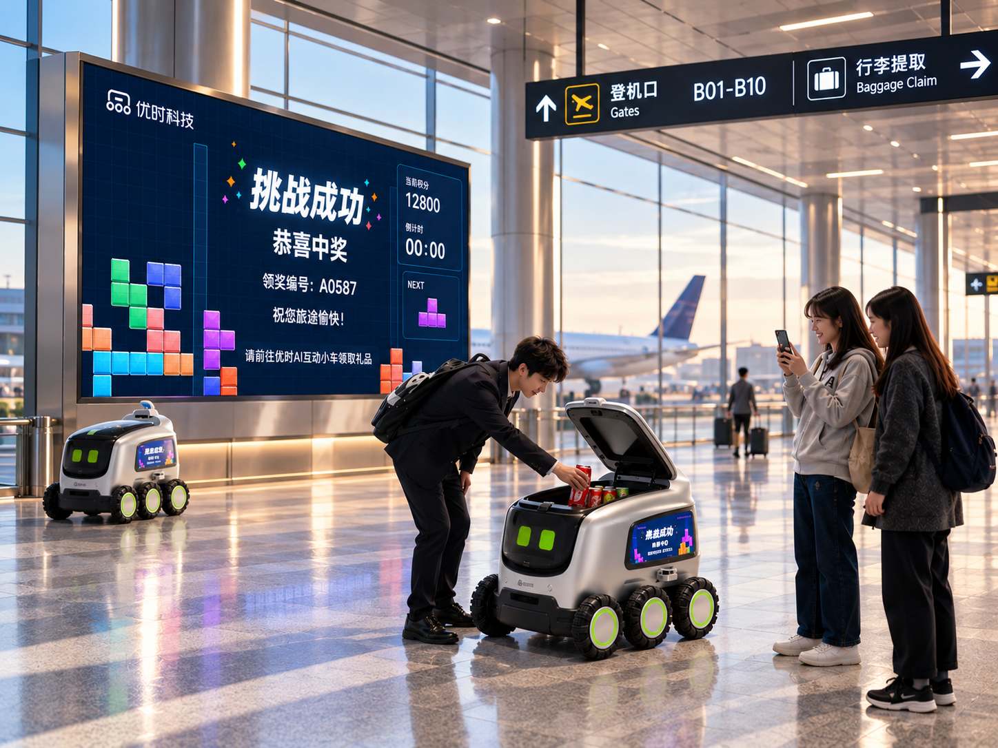 Travellers playing a game on a Yours robot's screen in an airport terminal