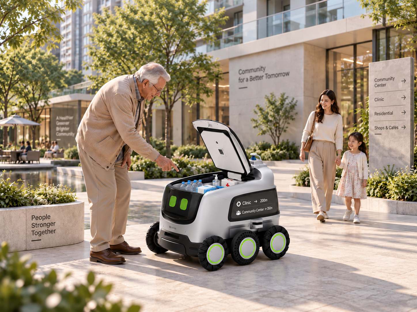 An older man taking a drink from a Yours robot in a residential courtyard