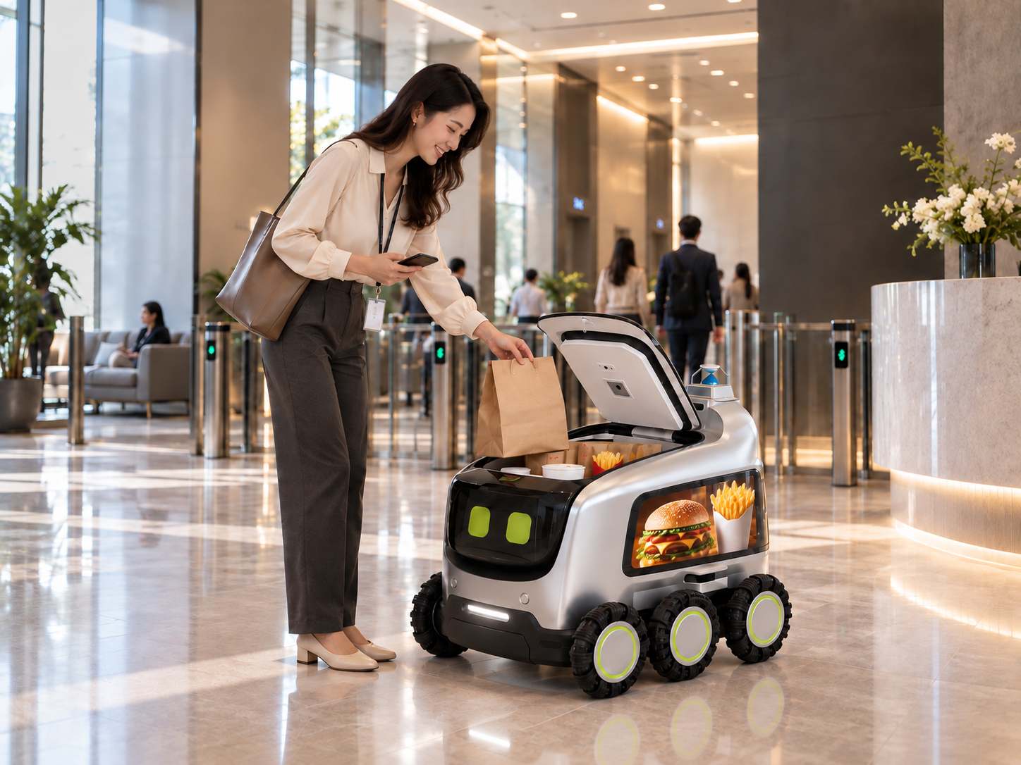 A woman collecting a food order from a Yours robot in an office lobby