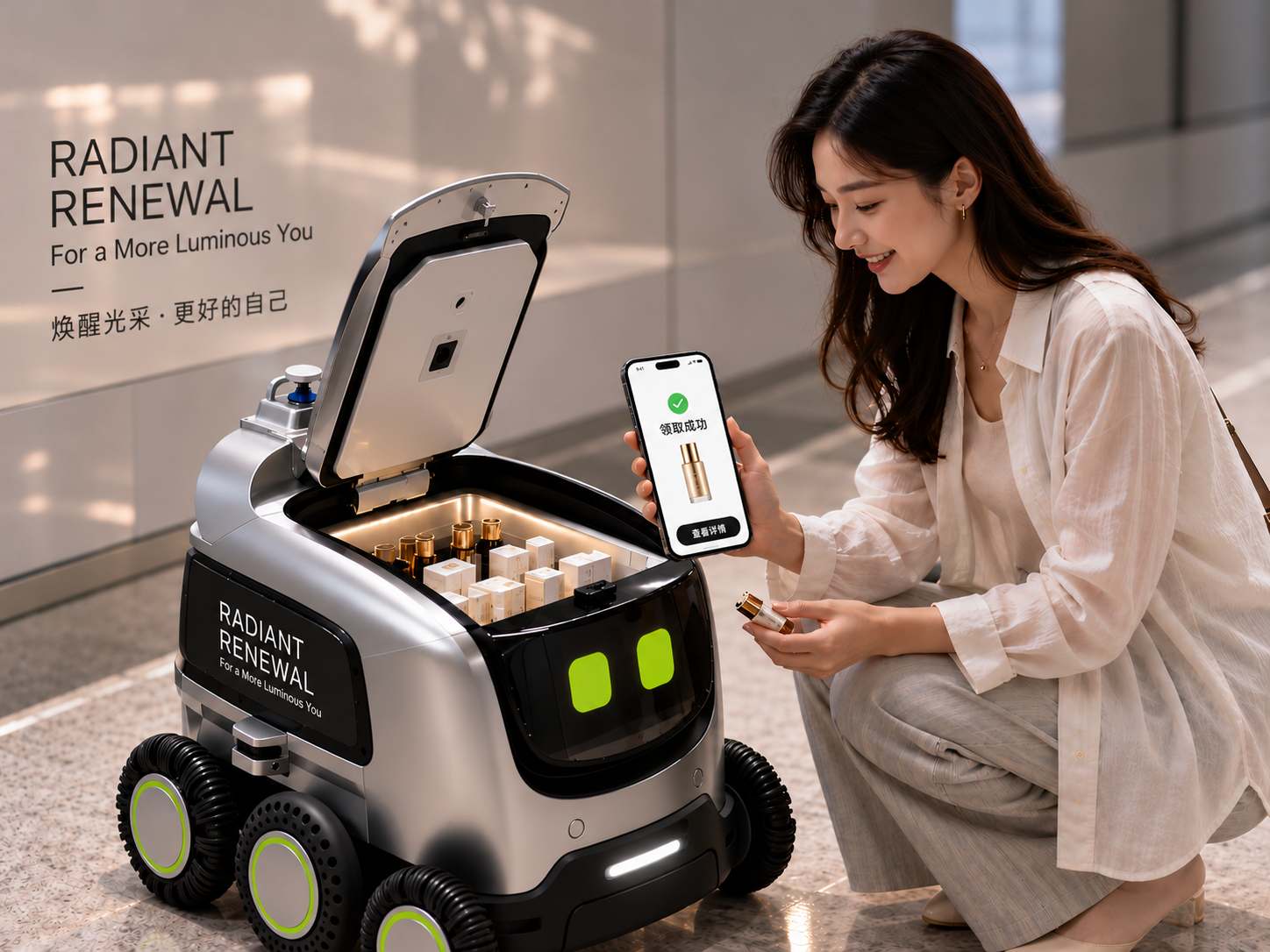 A woman paying by phone at a Yours robot stocked with cosmetics