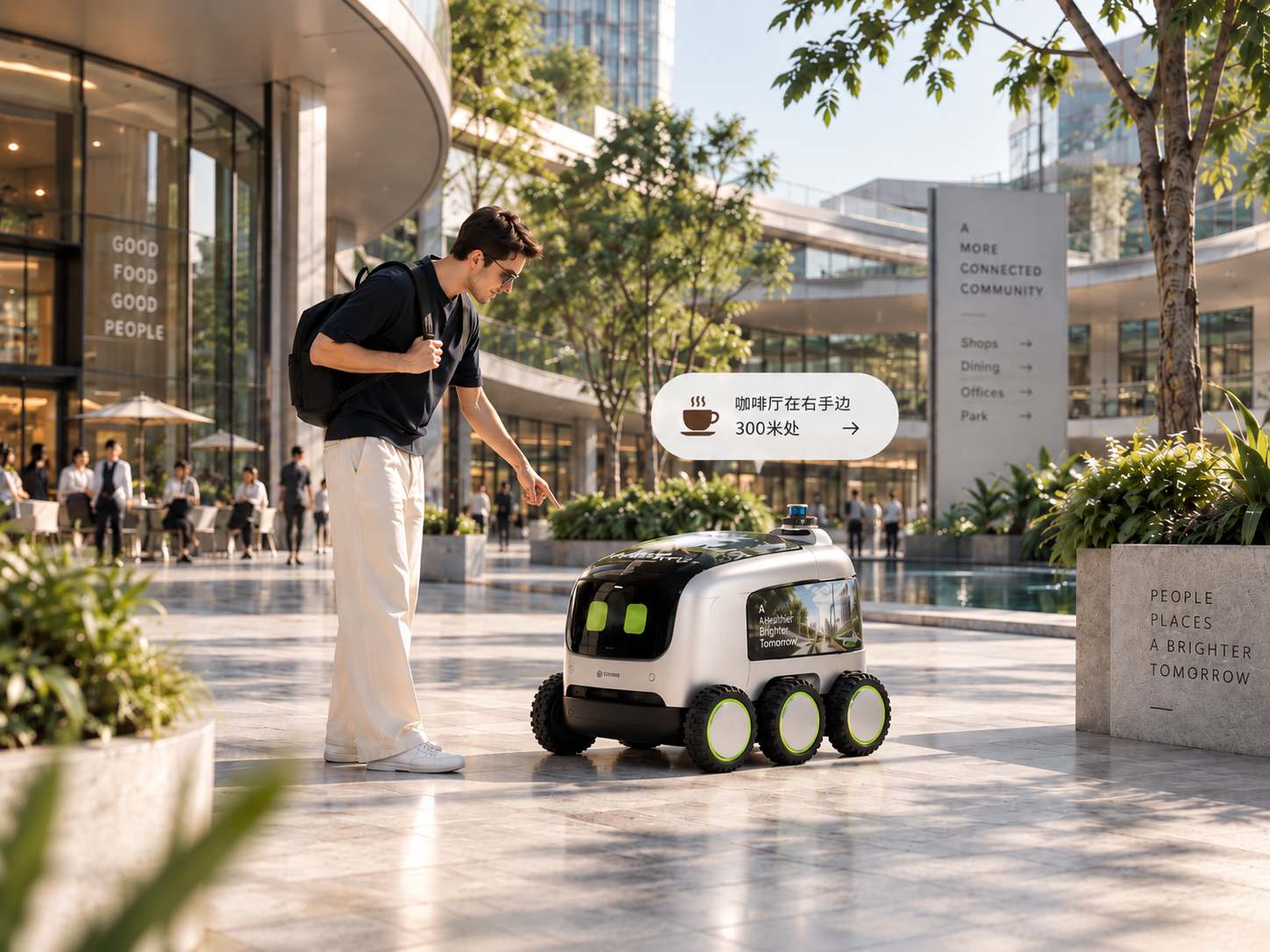A man pointing as a Yours robot shows him directions on its screen